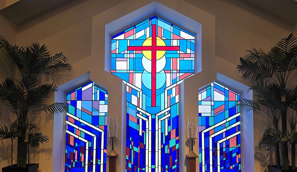 The three chancel stained glass windows of McLeod Memorial Presbyterian Church