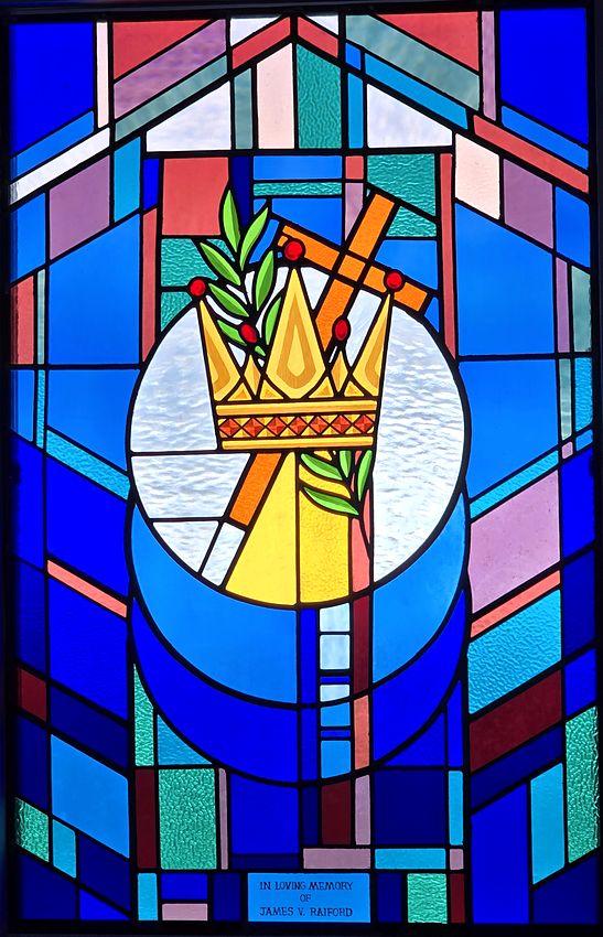 Stained glass window: Crown and Cross