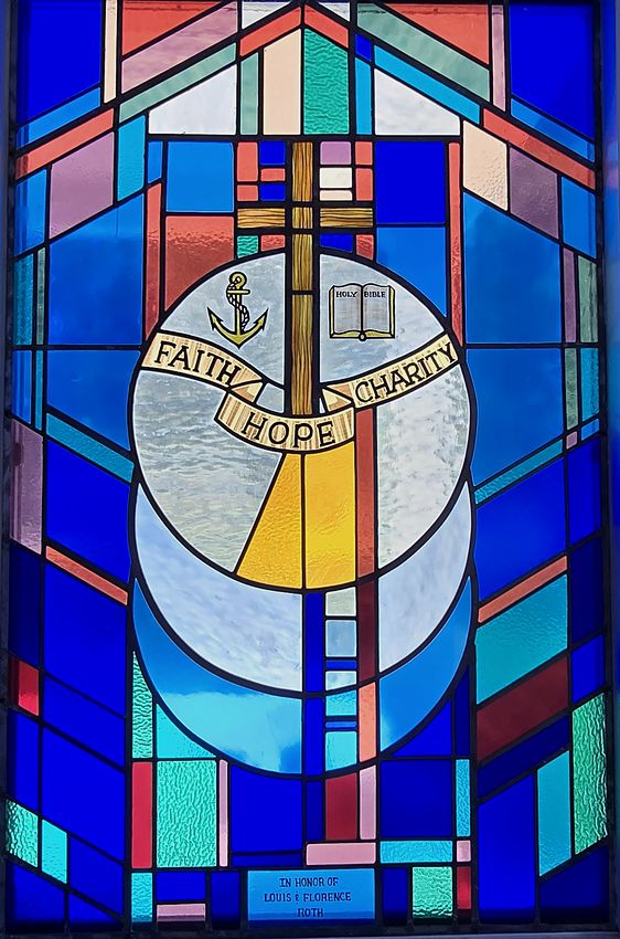 Stained glass window: Faith, Hope & Charity